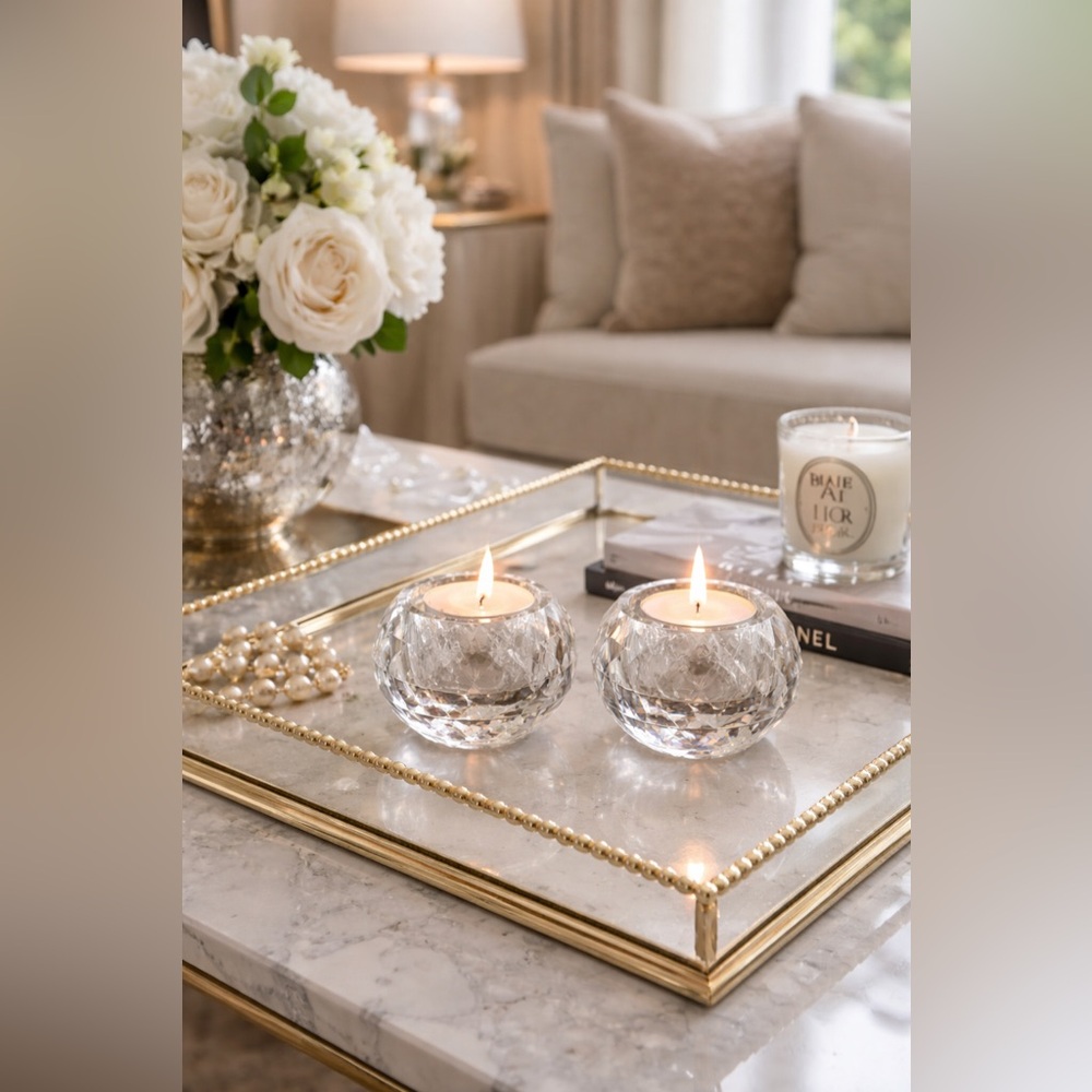 Oleg Cassini Signed Crystal Round Prism Candle Holders – Set of 2